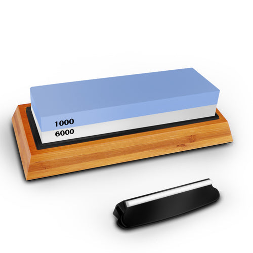 ABEDOE 6000/1000# Double-Sided Knife Sharpening Stone Whetstone Water Stone with Non-Slip Rubber Base Bamboo Holder for Kitchen